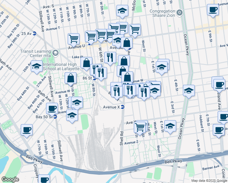 map of restaurants, bars, coffee shops, grocery stores, and more near 2911 86th Street in Brooklyn