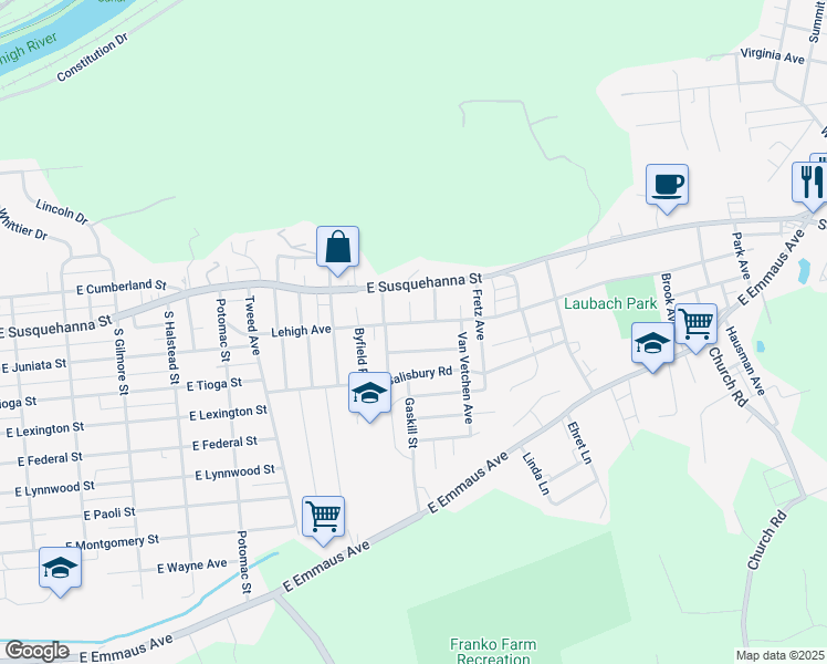 map of restaurants, bars, coffee shops, grocery stores, and more near 1222 Lehigh Avenue in Allentown