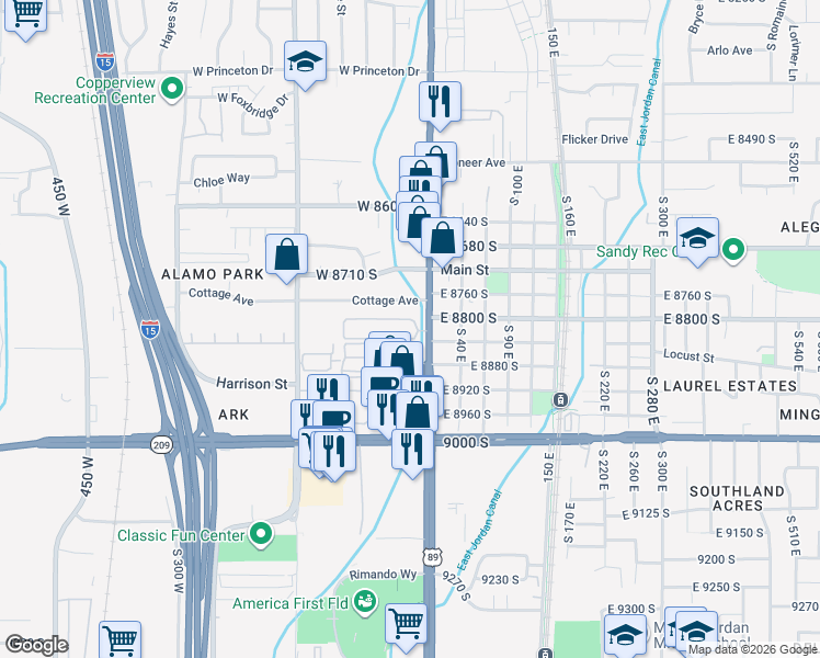 map of restaurants, bars, coffee shops, grocery stores, and more near 8804 U.S. 89 in Sandy