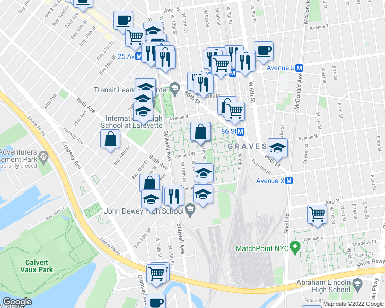map of restaurants, bars, coffee shops, grocery stores, and more near 50 Avenue W in Brooklyn