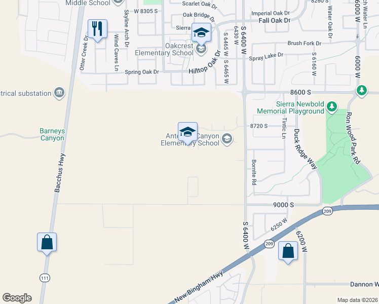 map of restaurants, bars, coffee shops, grocery stores, and more near 8800 South 6400 West in West Jordan