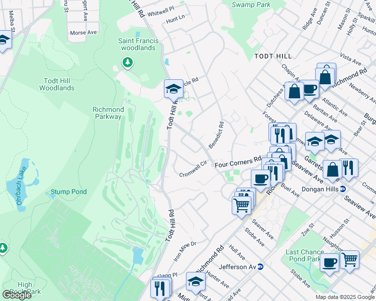 map of restaurants, bars, coffee shops, grocery stores, and more near 39 Hilltop Terrace in Staten Island