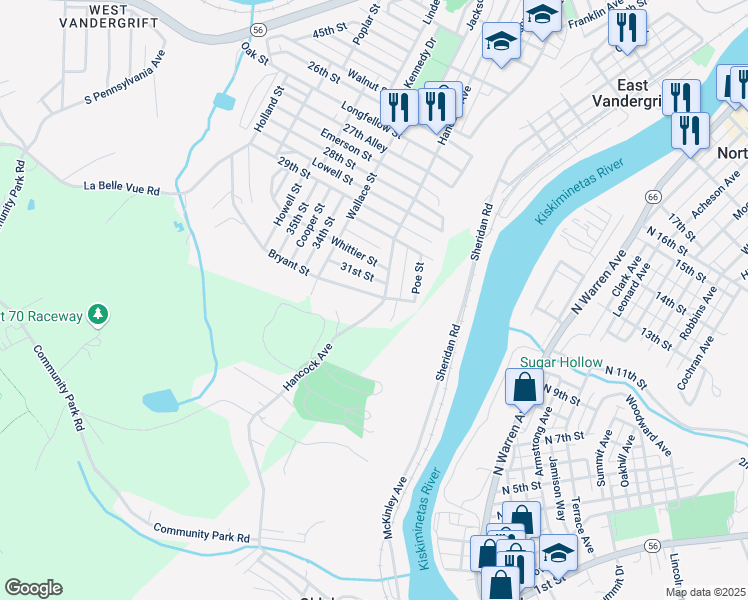 map of restaurants, bars, coffee shops, grocery stores, and more near 1104 Hancock Avenue in Vandergrift