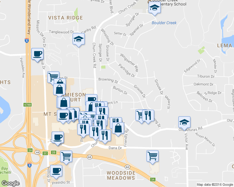 map of restaurants, bars, coffee shops, grocery stores, and more near 1141 Burton Drive in Redding