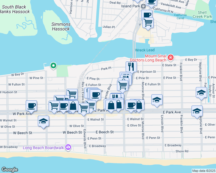 map of restaurants, bars, coffee shops, grocery stores, and more near 567 Riverside Boulevard in Long Beach