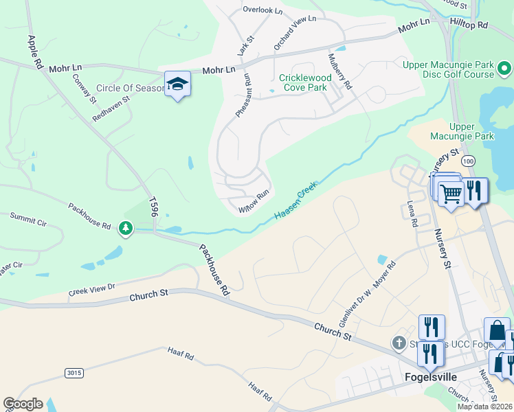 map of restaurants, bars, coffee shops, grocery stores, and more near 8336 Willow Run in Fogelsville