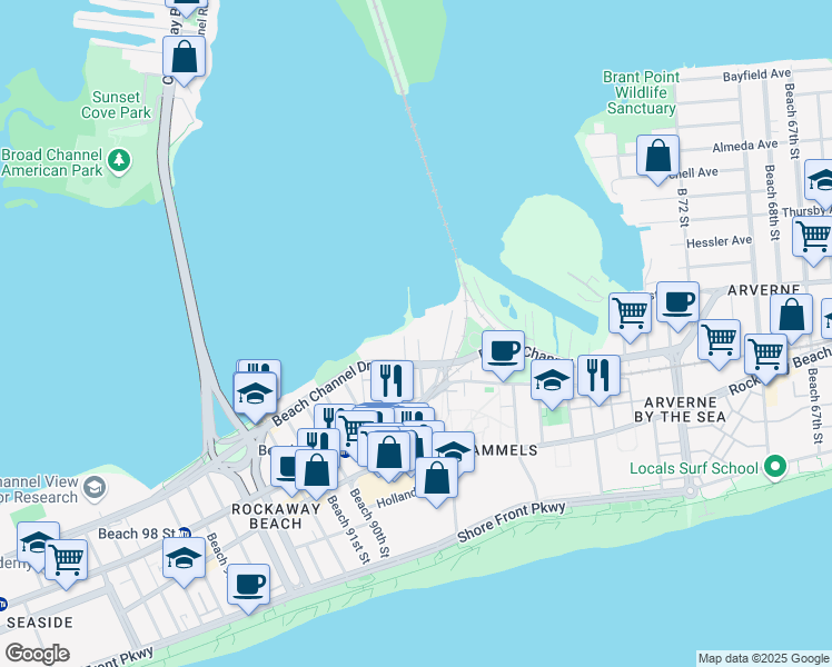 map of restaurants, bars, coffee shops, grocery stores, and more near 84-16 Beach 85th Street in Queens