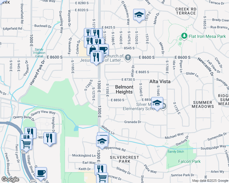 map of restaurants, bars, coffee shops, grocery stores, and more near 1393 Galaxie Drive in Sandy