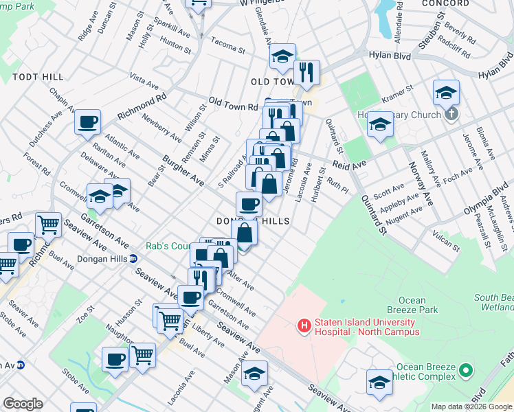 map of restaurants, bars, coffee shops, grocery stores, and more near 1511 Hylan Boulevard in Staten Island