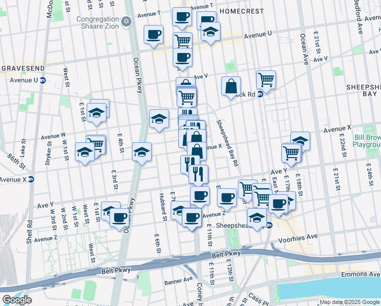 map of restaurants, bars, coffee shops, grocery stores, and more near 2671 Coney Island Avenue in Brooklyn