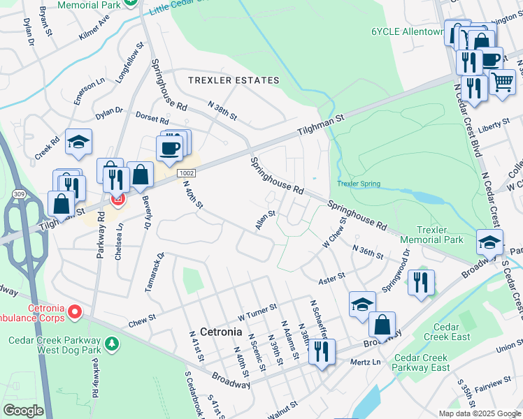 map of restaurants, bars, coffee shops, grocery stores, and more near 3735 Allen Street in Allentown