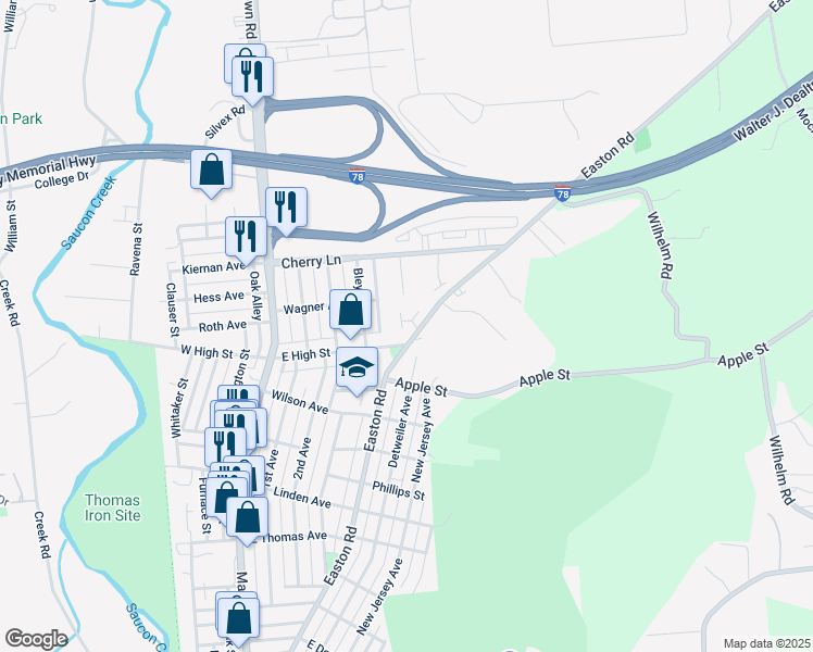 map of restaurants, bars, coffee shops, grocery stores, and more near 302 Stonewood Lane in Hellertown