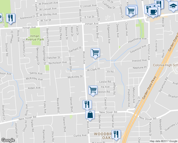 map of restaurants, bars, coffee shops, grocery stores, and more near 15 West Clark Place in Woodbridge Township