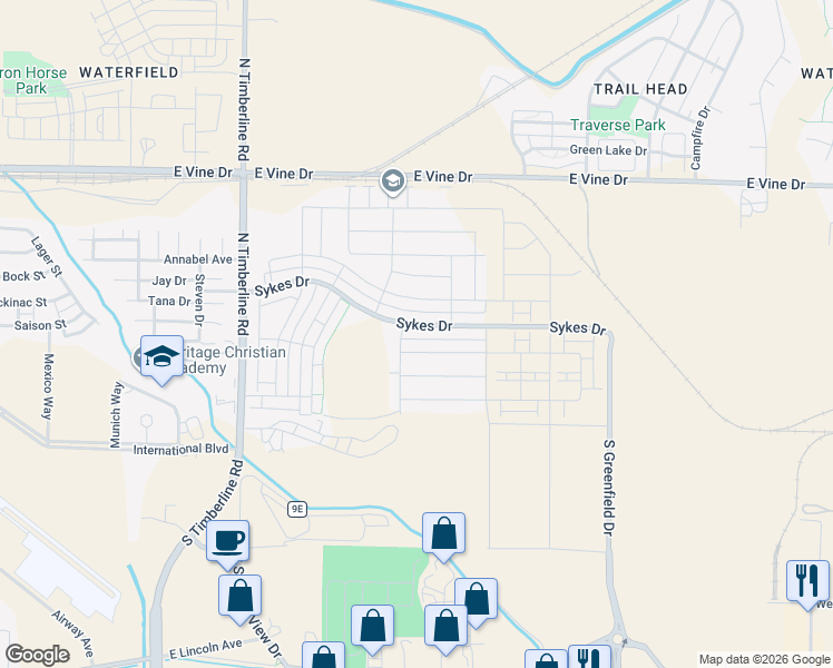 map of restaurants, bars, coffee shops, grocery stores, and more near 2975 Sykes Drive in Fort Collins