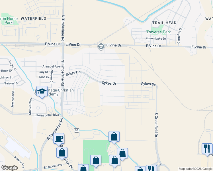 map of restaurants, bars, coffee shops, grocery stores, and more near 2975 Sykes Drive in Fort Collins