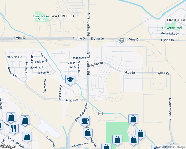map of restaurants, bars, coffee shops, grocery stores, and more near 411 Skyraider Way in Fort Collins