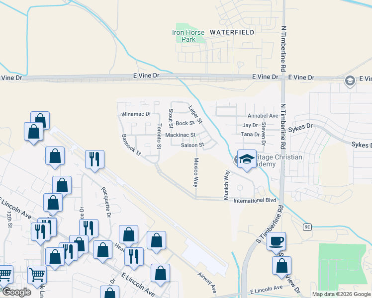 map of restaurants, bars, coffee shops, grocery stores, and more near 2145 Saison Street in Fort Collins
