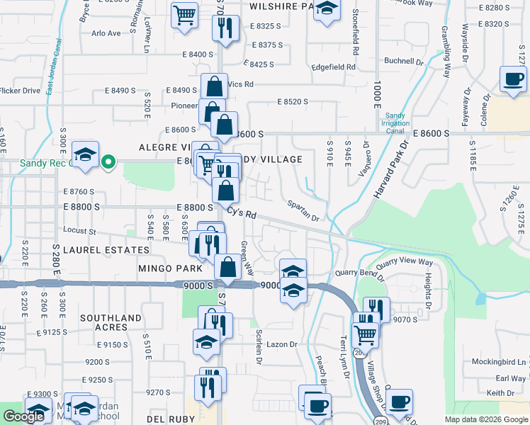 map of restaurants, bars, coffee shops, grocery stores, and more near in Sandy