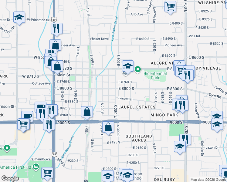 map of restaurants, bars, coffee shops, grocery stores, and more near 8813 South 280 East in Sandy