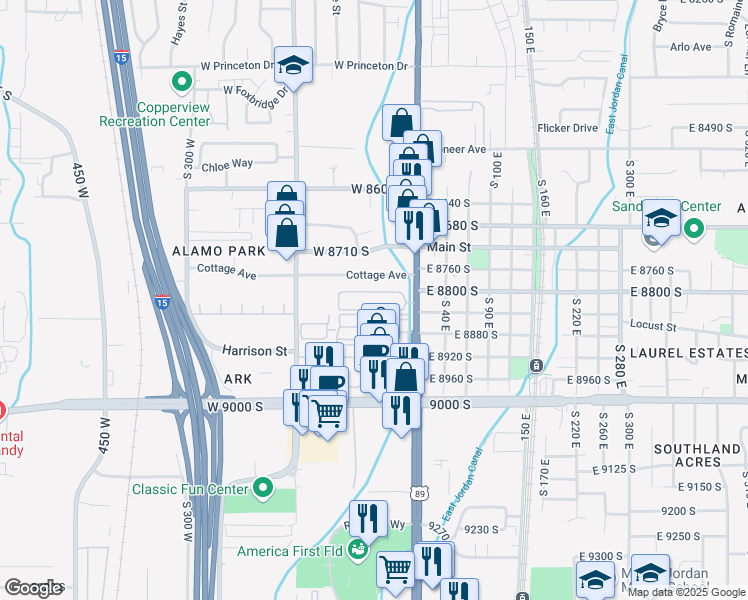 map of restaurants, bars, coffee shops, grocery stores, and more near 8804 State Street in Sandy