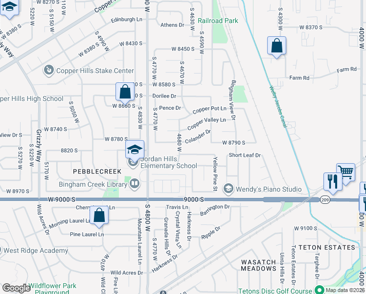 map of restaurants, bars, coffee shops, grocery stores, and more near 4665 Colander Drive in West Jordan