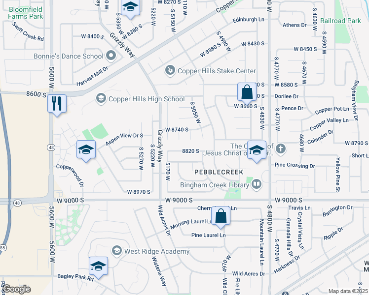 map of restaurants, bars, coffee shops, grocery stores, and more near 5112 West 8820 South in West Jordan