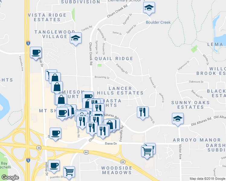 map of restaurants, bars, coffee shops, grocery stores, and more near 1141 Burton Drive in Redding
