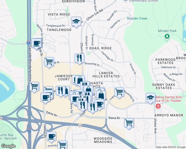 map of restaurants, bars, coffee shops, grocery stores, and more near 1141 Burton Drive in Redding