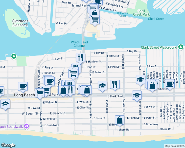 map of restaurants, bars, coffee shops, grocery stores, and more near 330 East Fulton Street in Long Beach