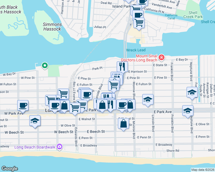 map of restaurants, bars, coffee shops, grocery stores, and more near 140 East Fulton Street in Long Beach