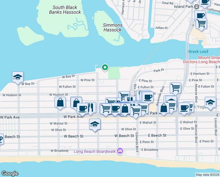map of restaurants, bars, coffee shops, grocery stores, and more near 124 West Fulton Street in Long Beach