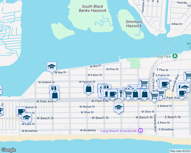 map of restaurants, bars, coffee shops, grocery stores, and more near 336 West Fulton Street in Long Beach