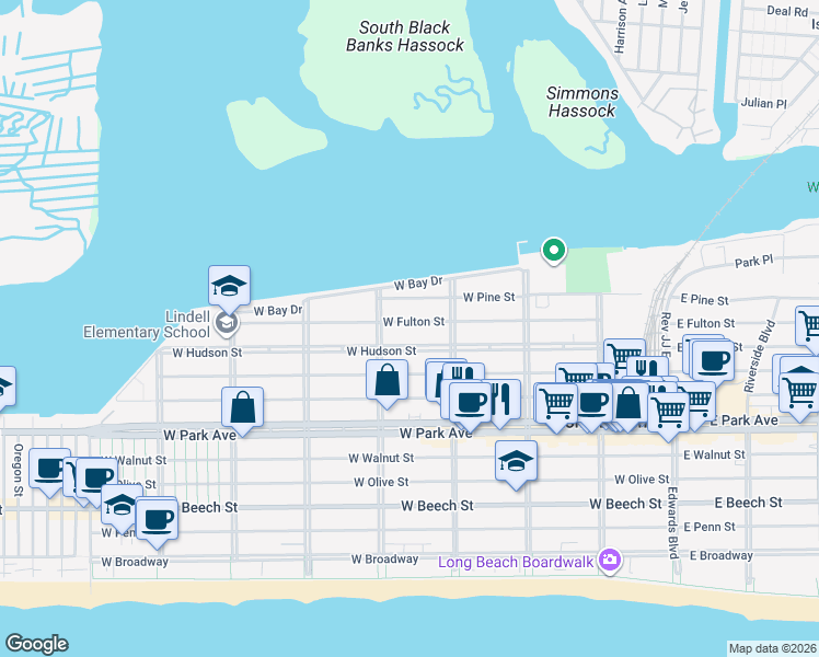 map of restaurants, bars, coffee shops, grocery stores, and more near 336 West Fulton Street in Long Beach