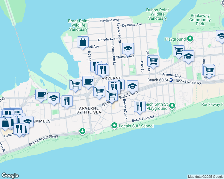 map of restaurants, bars, coffee shops, grocery stores, and more near 67-20 Rockaway Beach Boulevard in Queens