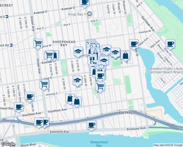 map of restaurants, bars, coffee shops, grocery stores, and more near 2501 East 29th Street in Brooklyn