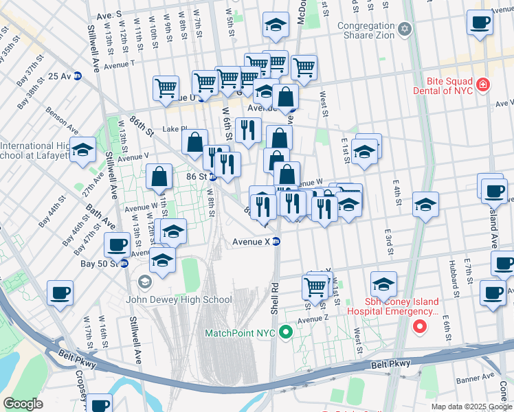 map of restaurants, bars, coffee shops, grocery stores, and more near 2911 86th Street in Brooklyn