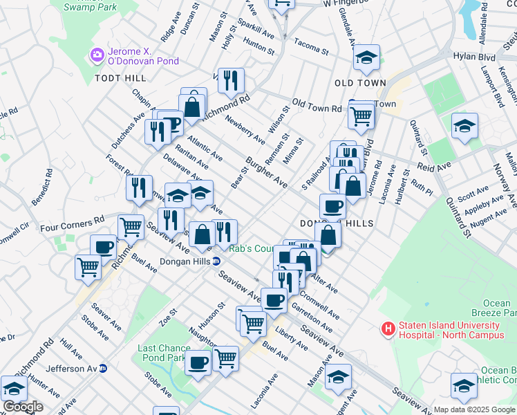 map of restaurants, bars, coffee shops, grocery stores, and more near 175 Delaware Avenue in Staten Island