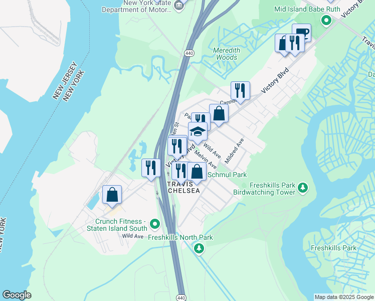 map of restaurants, bars, coffee shops, grocery stores, and more near 4117 Victory Boulevard in Staten Island