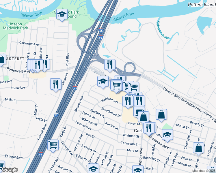 map of restaurants, bars, coffee shops, grocery stores, and more near 37 Wedgewood Drive in Carteret