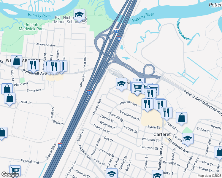 map of restaurants, bars, coffee shops, grocery stores, and more near 27 Wedgewood Drive in Carteret