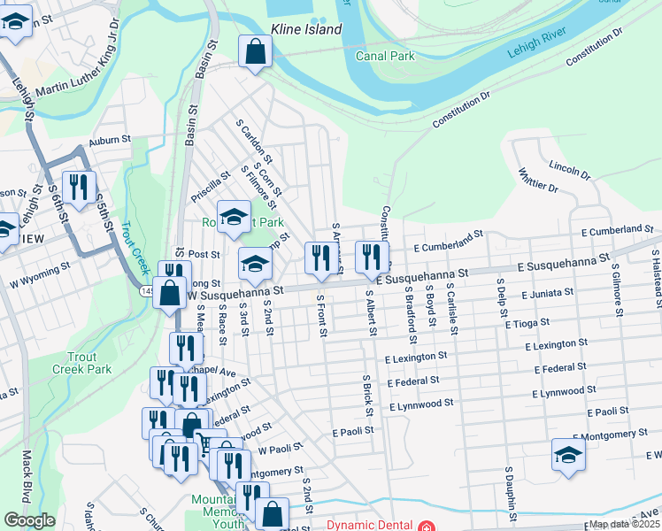 map of restaurants, bars, coffee shops, grocery stores, and more near 1107 South Front Street in Allentown