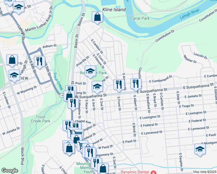 map of restaurants, bars, coffee shops, grocery stores, and more near 132 Donald Street in Allentown