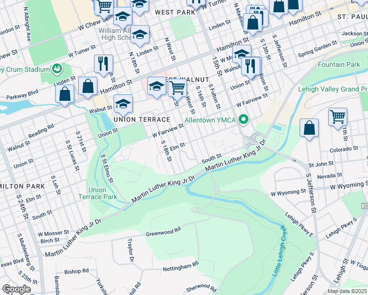 map of restaurants, bars, coffee shops, grocery stores, and more near 1716 Elm Street in Allentown