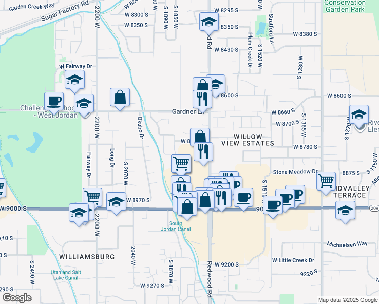 map of restaurants, bars, coffee shops, grocery stores, and more near 8822 South Redwood Road in West Jordan