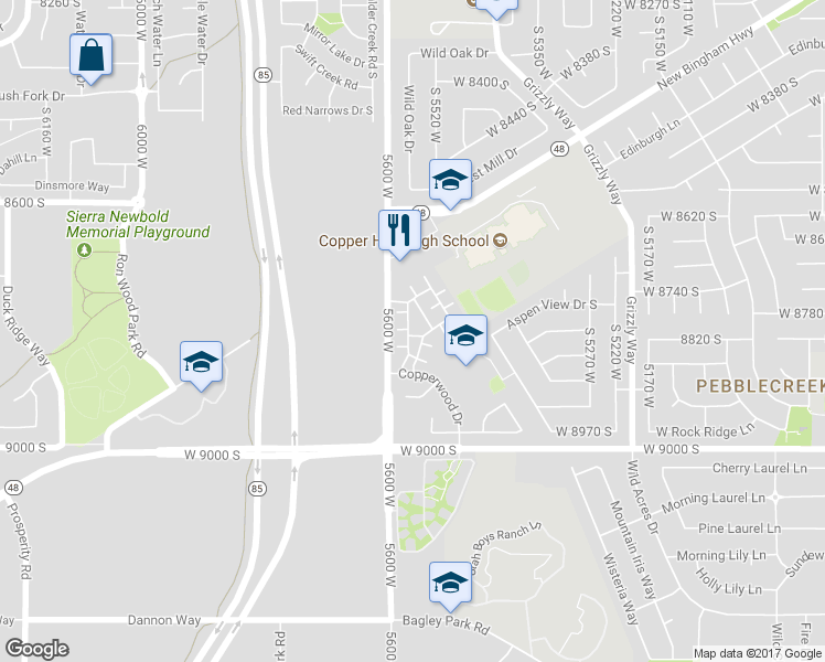 map of restaurants, bars, coffee shops, grocery stores, and more near 5562 Geronimo Way in West Jordan