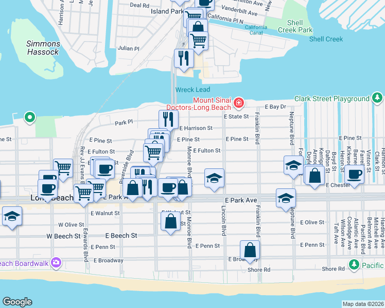 map of restaurants, bars, coffee shops, grocery stores, and more near 330 East Fulton Street in Long Beach