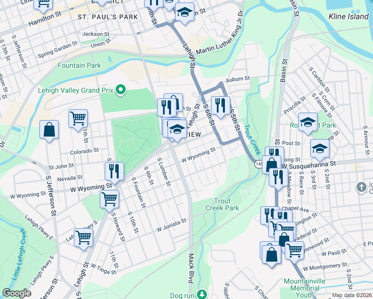 map of restaurants, bars, coffee shops, grocery stores, and more near 748 Saint John Street in Allentown