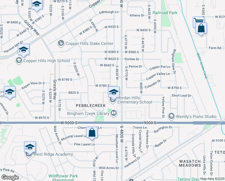 map of restaurants, bars, coffee shops, grocery stores, and more near 4856 West 8820 South in West Jordan