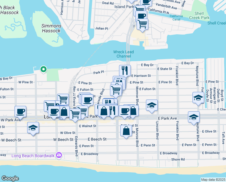 map of restaurants, bars, coffee shops, grocery stores, and more near 140 East Fulton Street in Long Beach