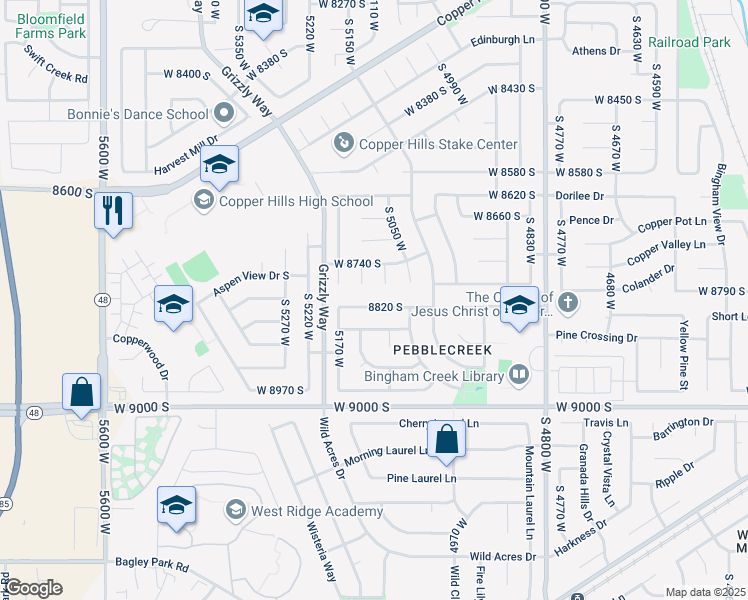 map of restaurants, bars, coffee shops, grocery stores, and more near 5112 West 8820 South in West Jordan